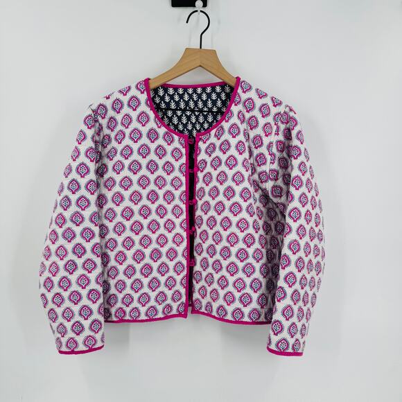 J.Crew x SZ Blockprints Reversible Quilted Jacket Blue White Floral Boho Size L - Picture 1 of 7